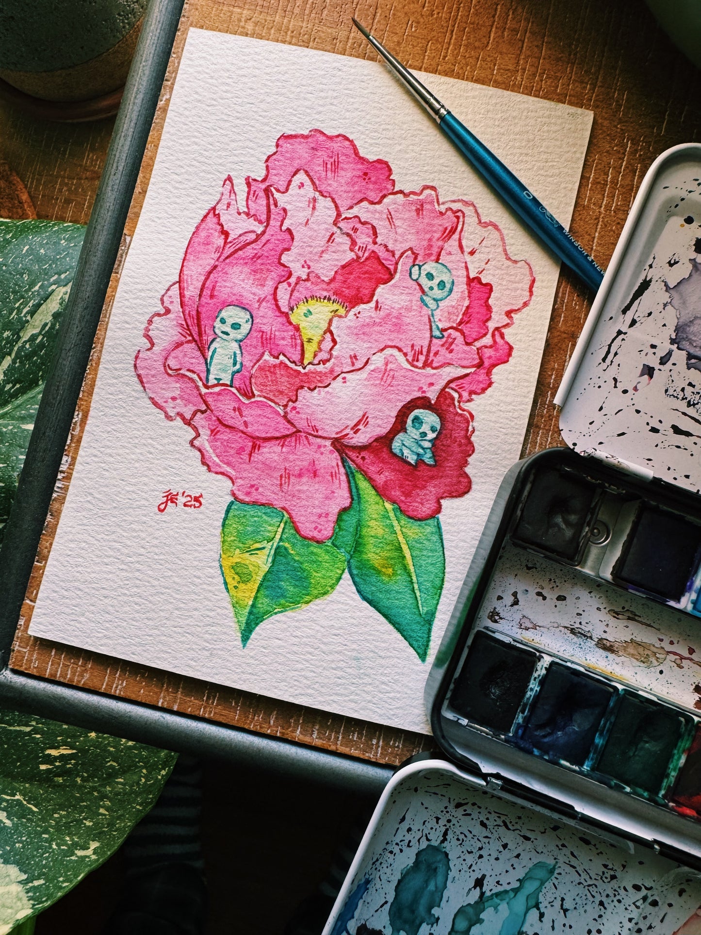 Forest Dwellers on a Flower Original Watercolor Painting