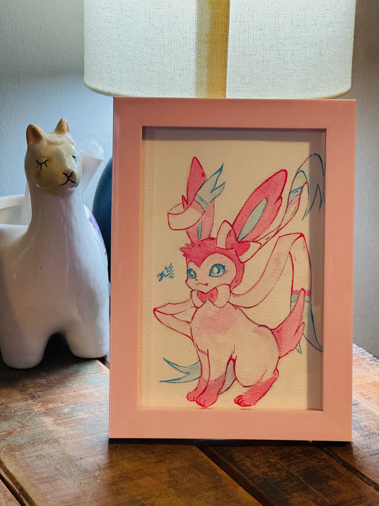 Sophisticated Sylveon Original Watercolor Painting (framed)