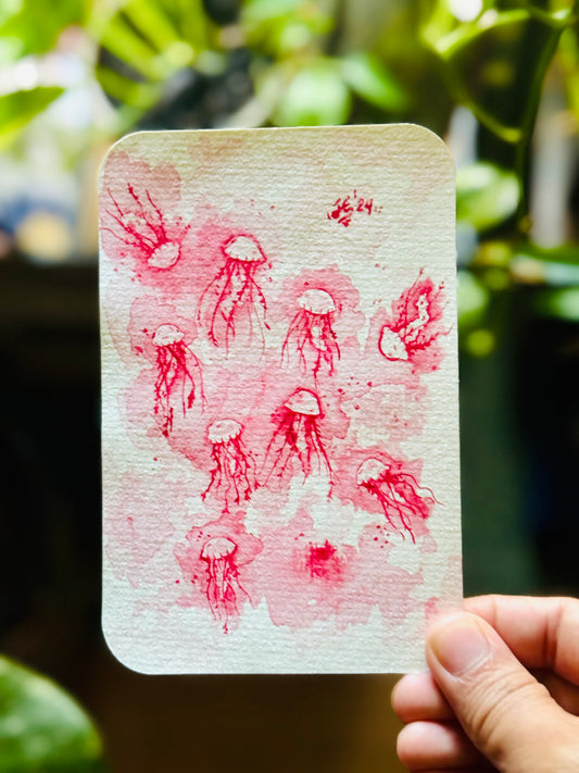 Red Flow Jellyfish Original Watercolor Painting