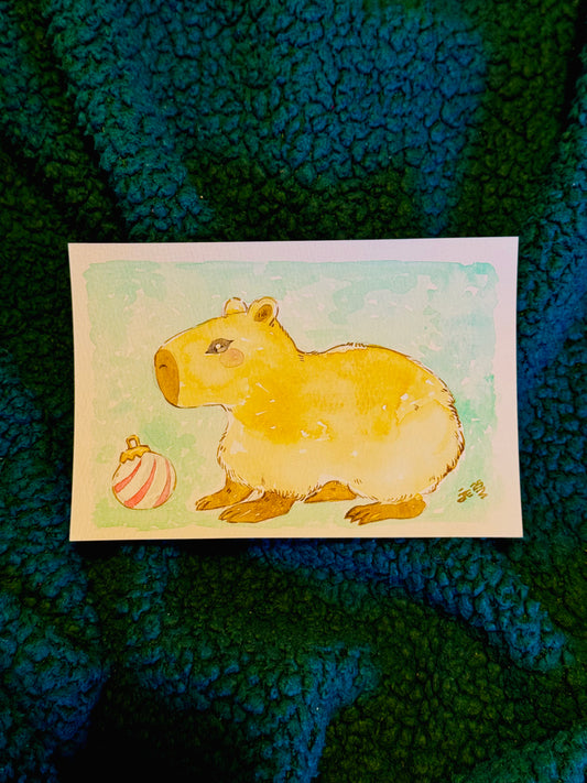 Christmas Capybara Original Watercolor Painting