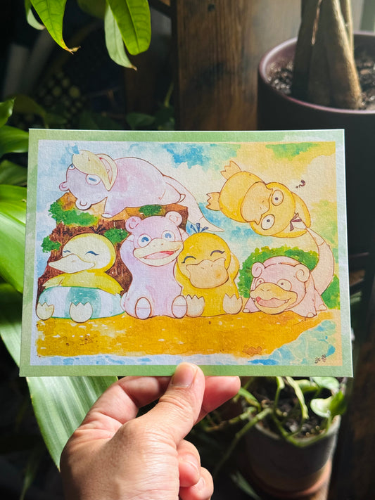 Psyduck & Slowpoke Gang at the Beach Watercolor Art Print
