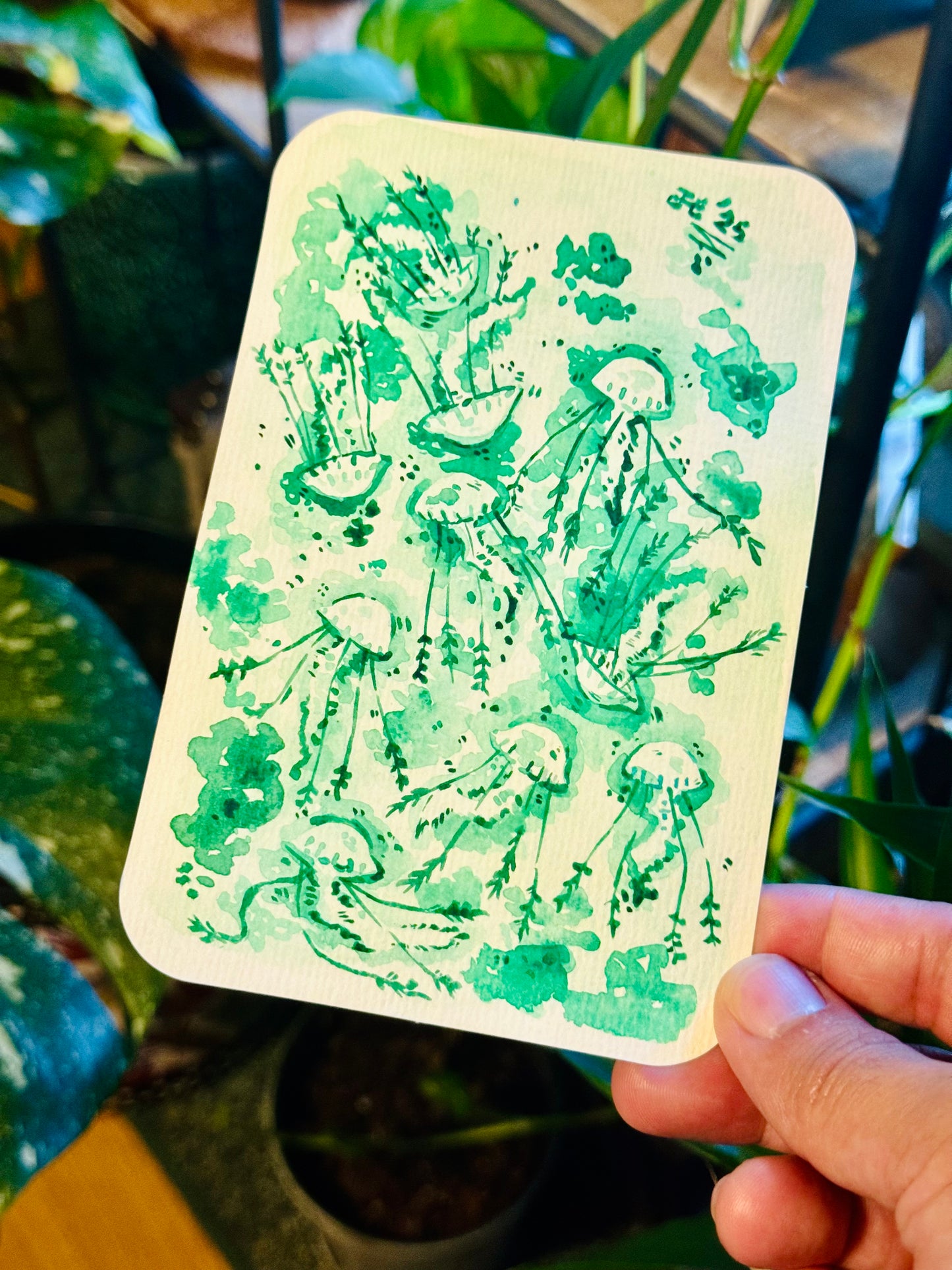 Green Flow Jellyfish Original Watercolor Painting