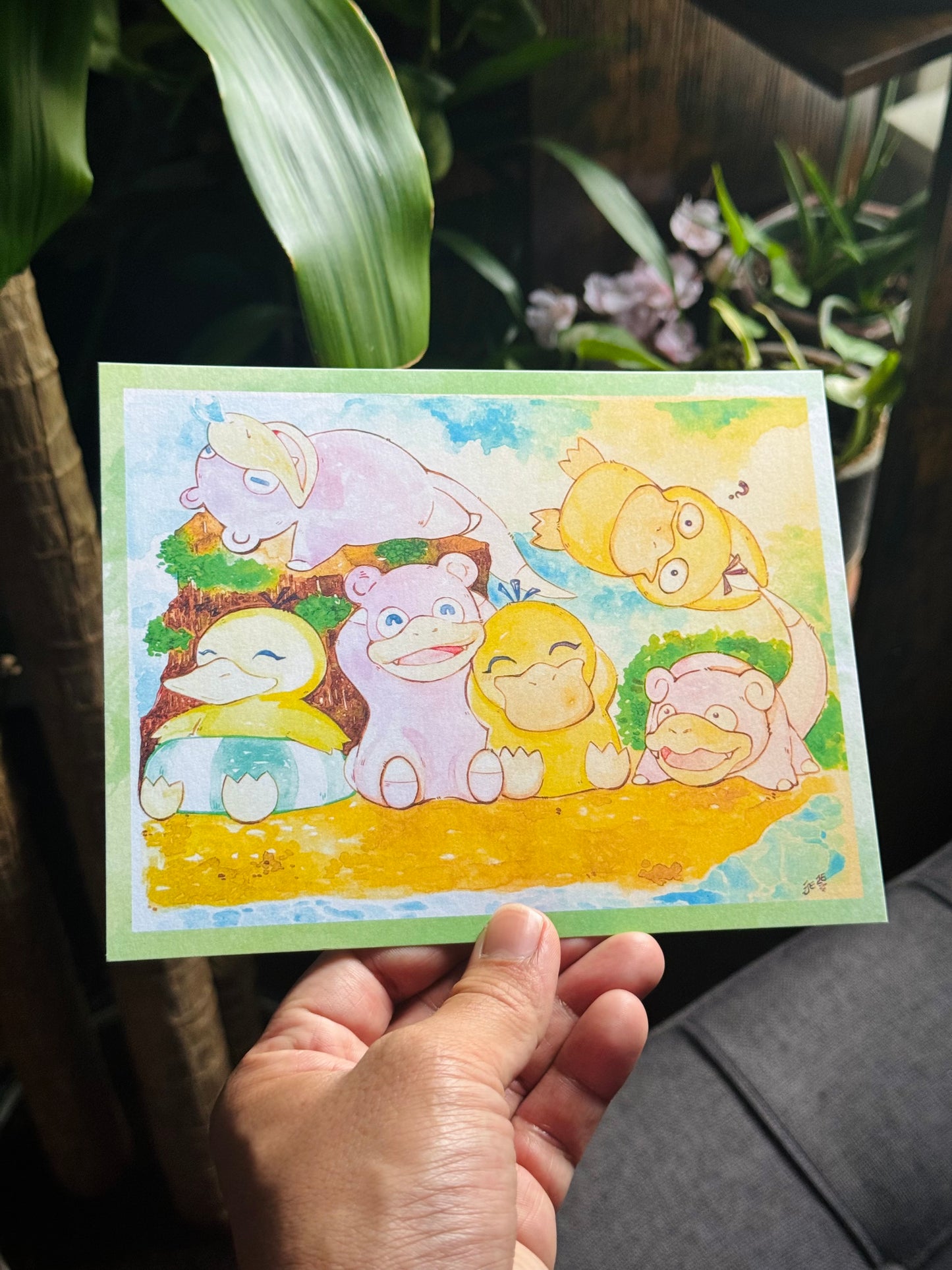 Psyduck & Slowpoke Gang at the Beach Watercolor Art Print
